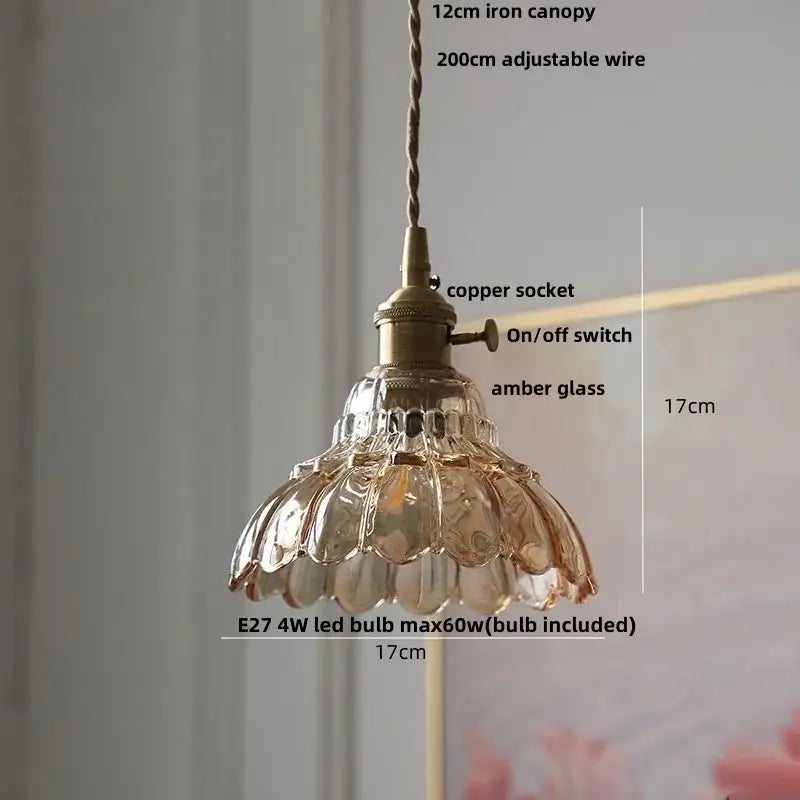 Vintage amber flower glass pendant lamp with copper socket and adjustable iron canopy for dining room lighting