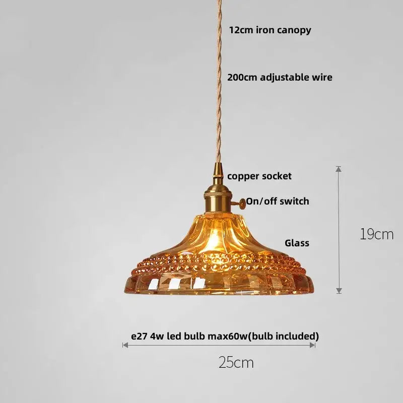 Vintage amber flower glass pendant lamp featuring golden amber glass with copper socket and iron canopy for dining room lighting