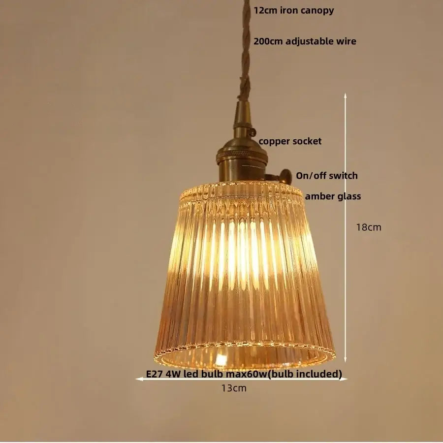 Vintage amber flower glass pendant lamp with warm amber-tinted ridged glass and brass-finished copper socket for dining room lighting