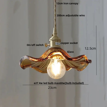 Vintage amber flower glass pendant lamp with warm amber glass and copper socket for dining room lighting