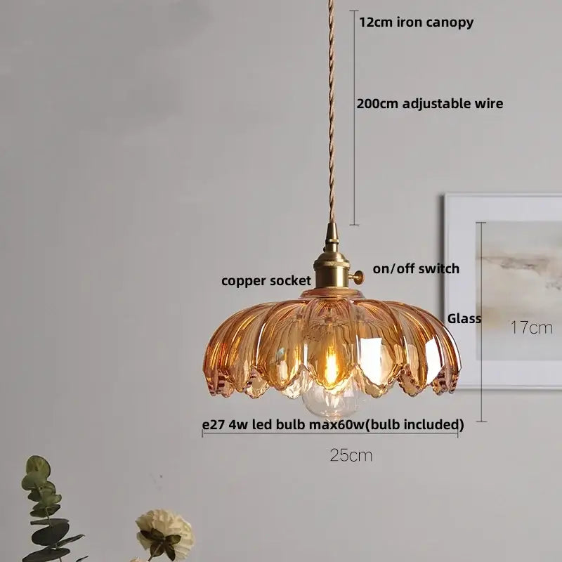 Vintage warm amber flower glass pendant lamp with copper socket and iron canopy for dining room lighting
