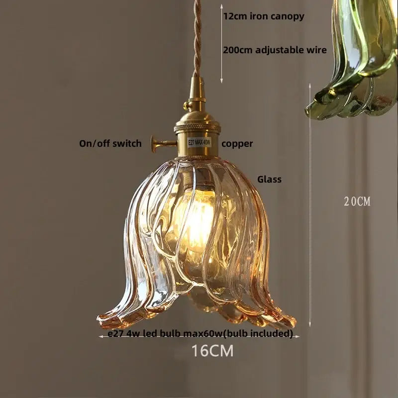 Vintage amber flower glass pendant lamp with brass switch and iron canopy featuring adjustable 20cm wire