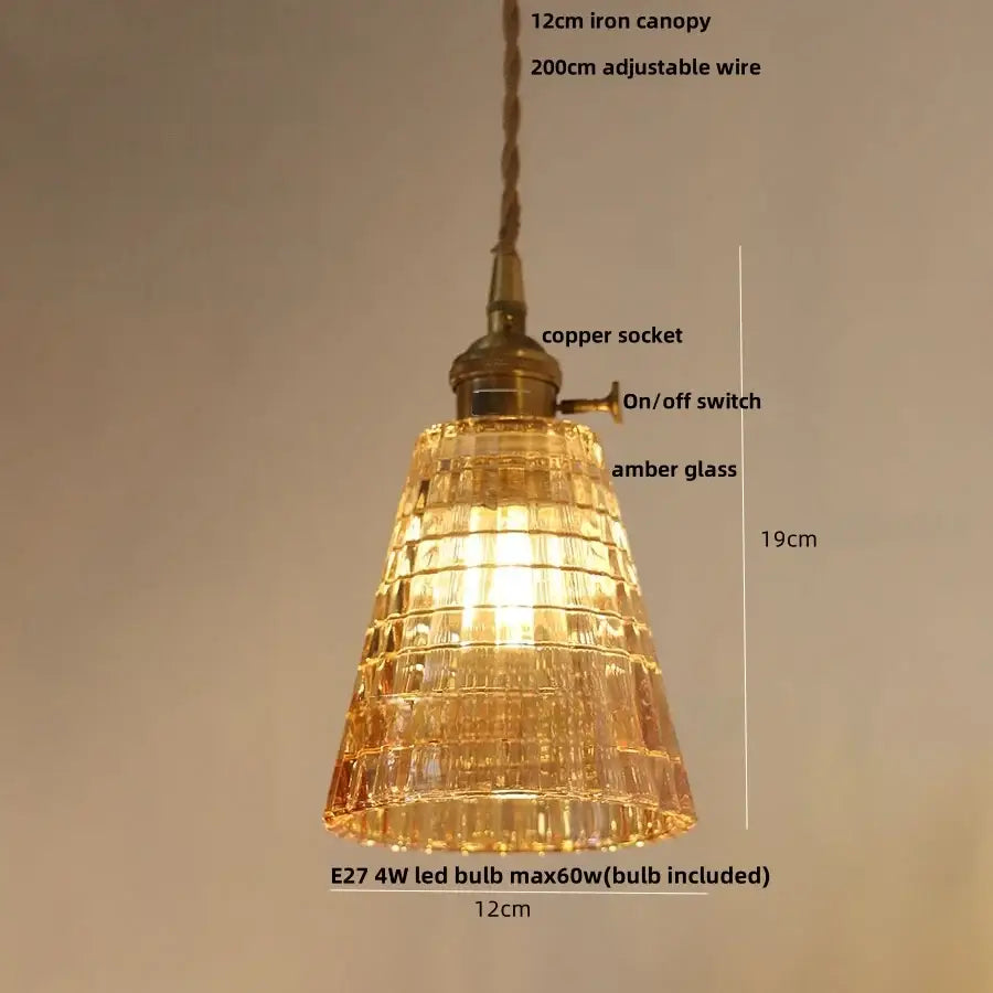 Vintage amber flower glass pendant lamp with warm textured tiered design and brass copper socket for dining room light