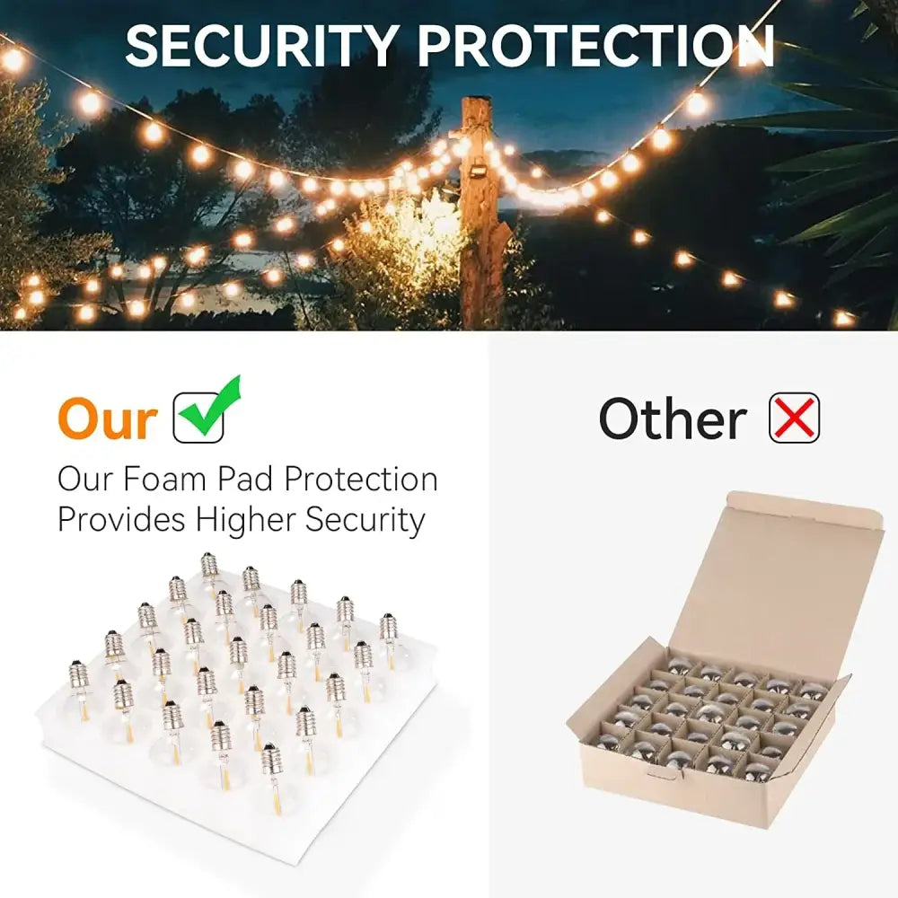 White foam pad holding multiple clear glass e12 base g40 led bulbs with metallic screw caps for 25pcs g40 led string lights