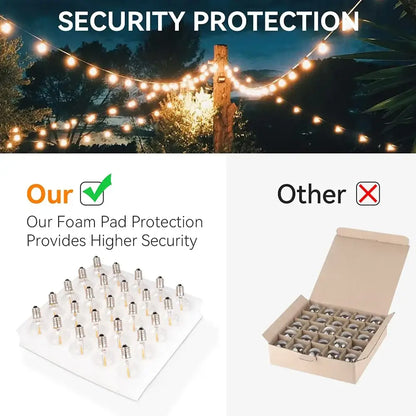 White foam pad holding multiple clear glass e12 base g40 led bulbs with metallic screw caps for 25pcs g40 led string lights