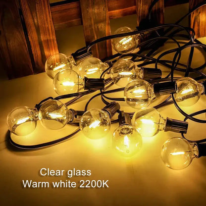 Vintage amber glass 25pcs g40 led string lights with clear globe warm white 2200k illumination for patio and garden