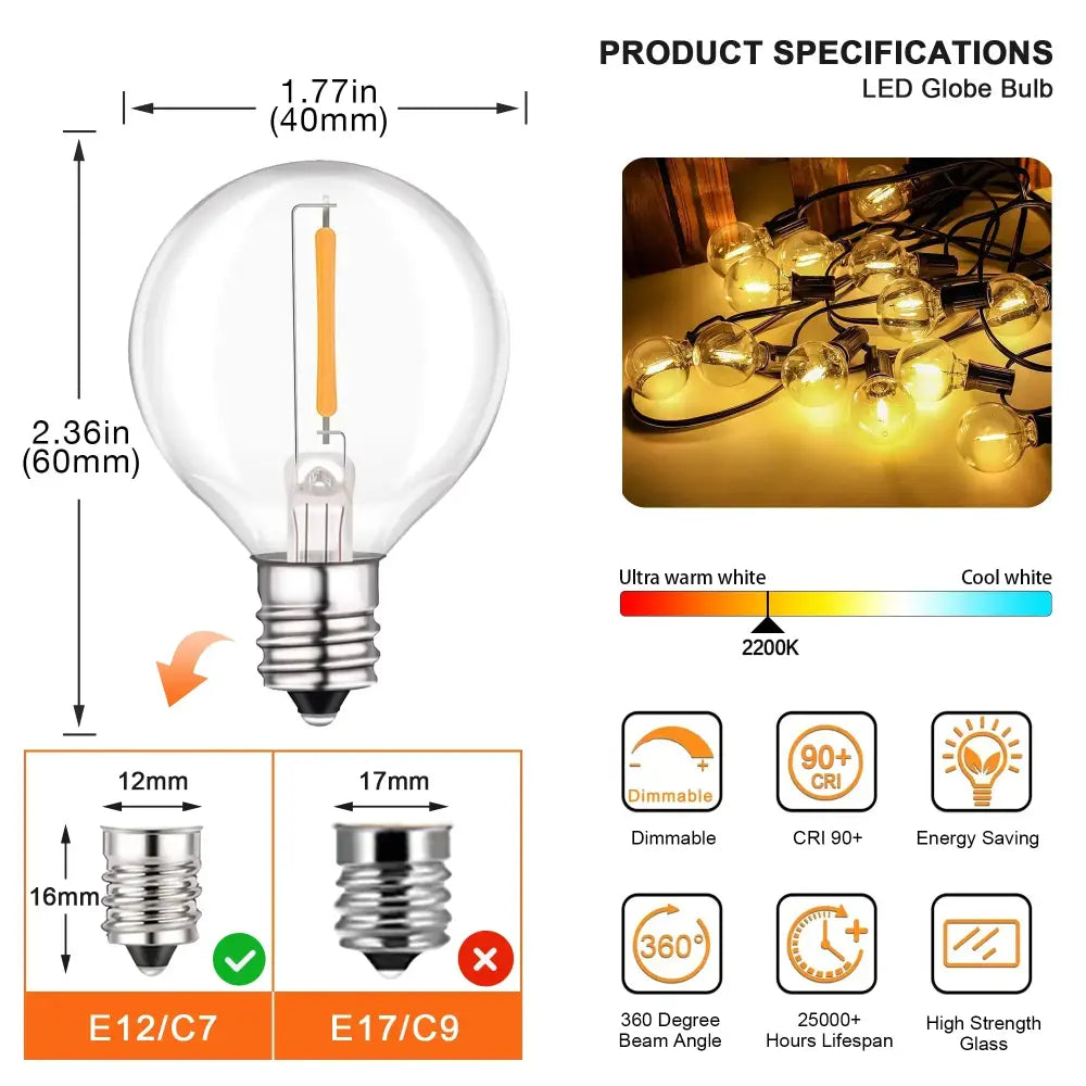Clear glass led globe bulb with warm white light e12 c7 base for dimmable vintage amber 25pcs g40 led string lights