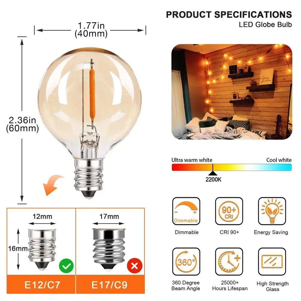 Clear glass vintage amber g40 led bulb with warm filament and metallic base for 25pcs g40 led string lights