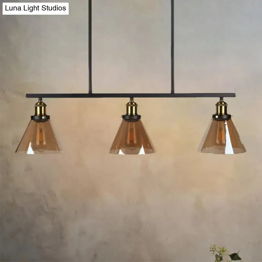 Black metal bar pendant light with three amber glass shades brass accents vintage globe cone 220v-240v dining room lamp