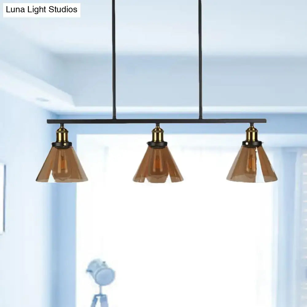 Decorbites™ vintage amber glass island pendant 3-light lamp with black metal bar brass sockets and fluted shades 220v-240v