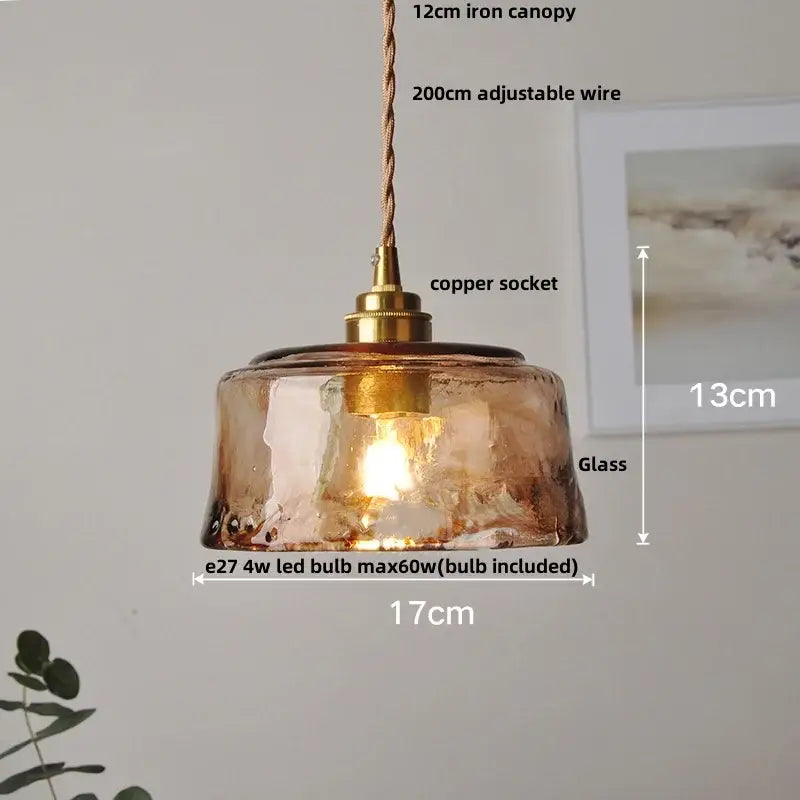 Vintage amber glass adjustable pendant light with textured warm amber glass and brass copper socket for dining room use