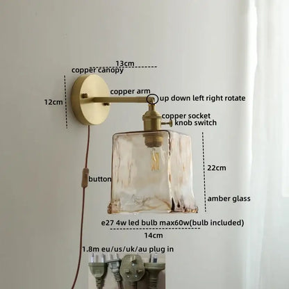 Vintage amber glass copper led wall lamp with textured shade and pull chain ideal for bedroom lighting