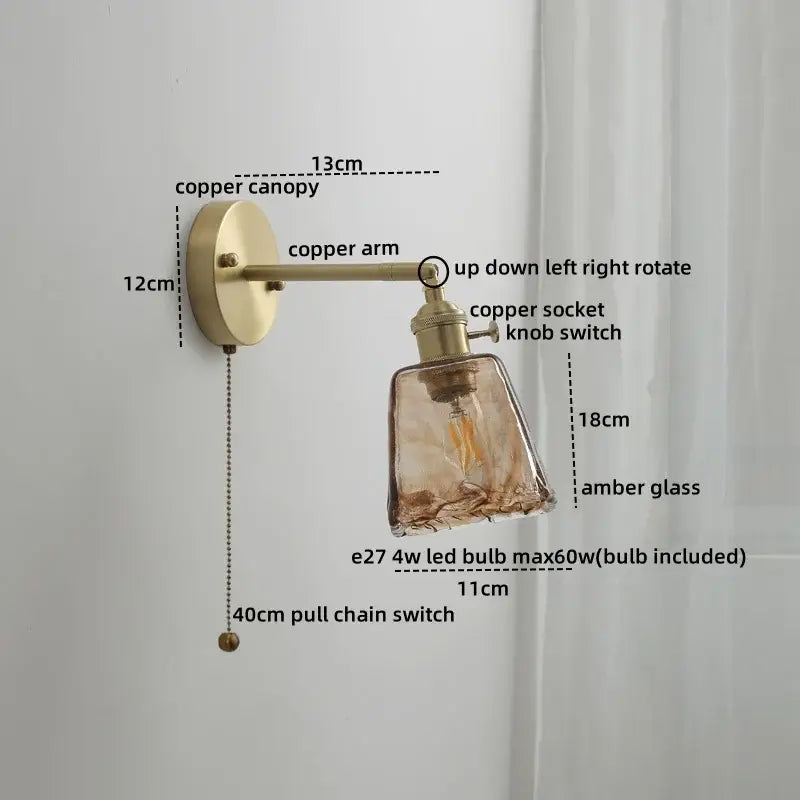 Vintage amber glass copper led wall lamp with brass finish and pull chain ideal for bedroom lighting