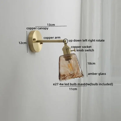 Vintage amber glass copper led wall lamp with adjustable arm and pull chain for bedroom lighting