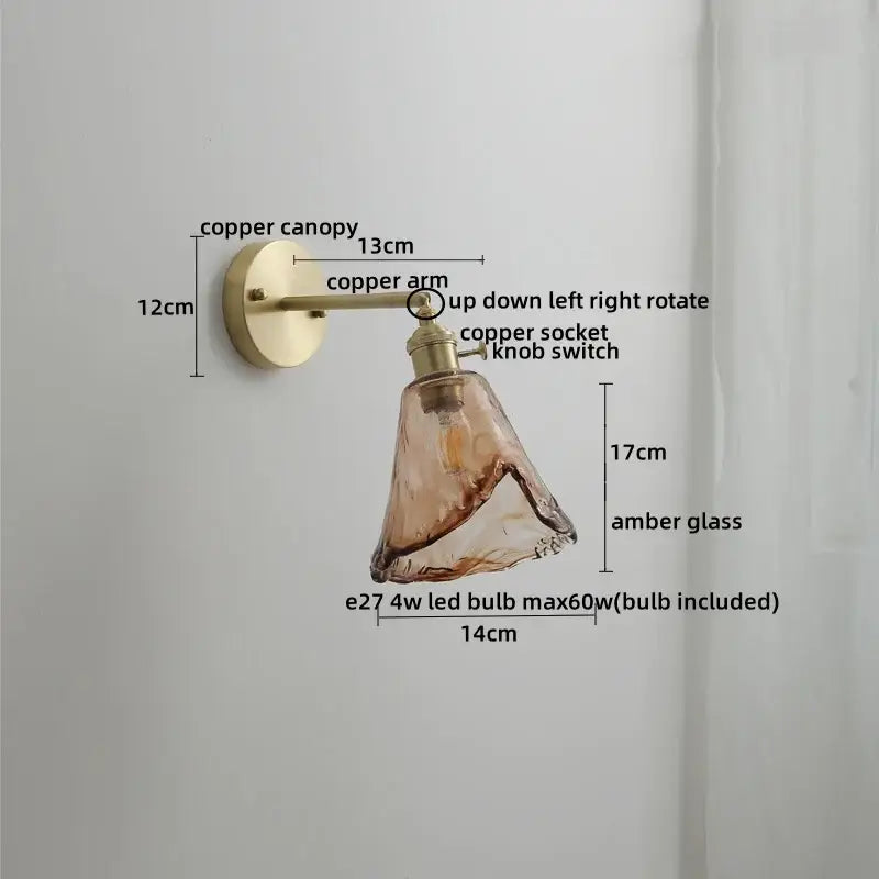 Vintage amber glass copper led wall lamp with warm amber glass shade brass copper arm and adjustable knob switch