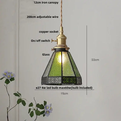 Vintage green stained glass led pendant light with brass accents and copper socket for dining room and kitchen