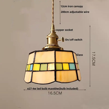 Vintage amber glass led pendant light with stained glass shade and brass-finished copper socket for dining room
