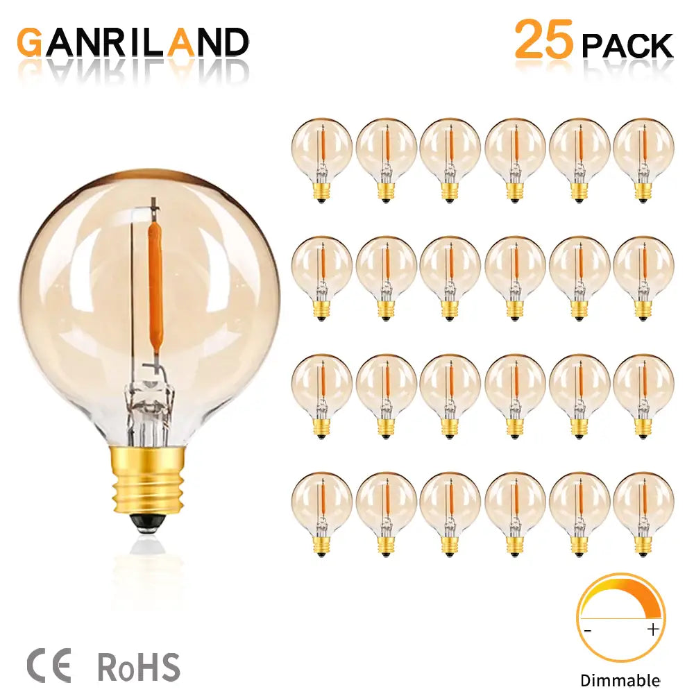 A set of 25 decorbites g40 vintage amber glass led string lights with warm white edison bulbs and gold screw bases