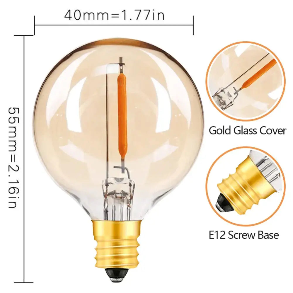 Vintage amber glass led string lights featuring decorbites g40 filament bulb with warm white glow and e12 screw base