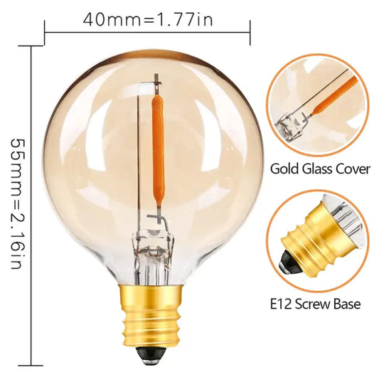 Vintage amber glass led string lights featuring decorbites g40 filament bulb with warm white glow and e12 screw base