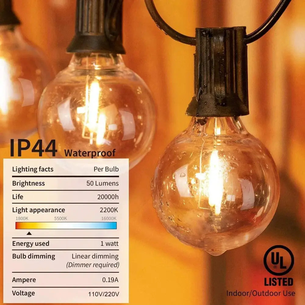 Warm-toned clear glass globe led string light with black metal base by decorbites g40 warm white patio decor