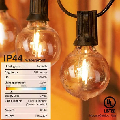 Warm-toned clear glass globe led string light with black metal base by decorbites g40 warm white patio decor