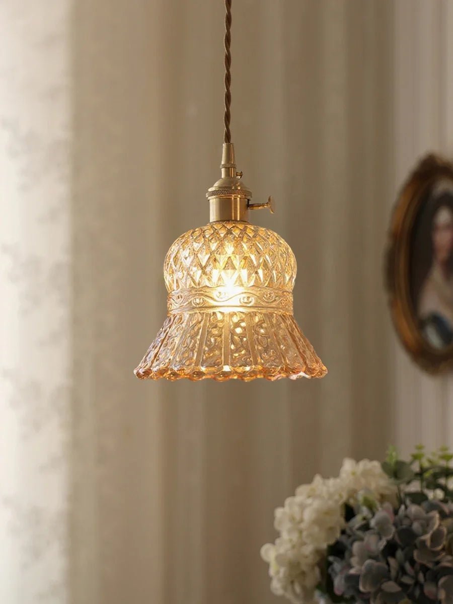 Vintage Amber Glass Pendant Light With Brass Detail - Decorbites