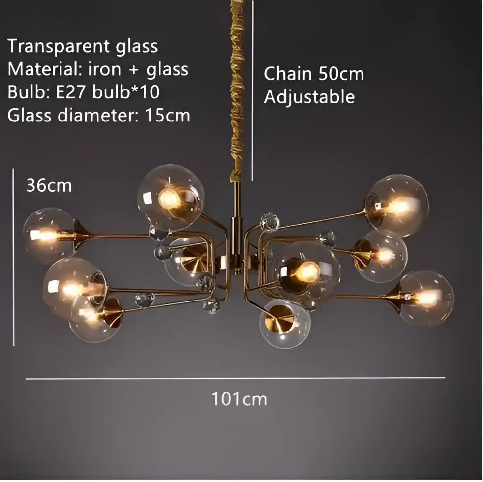 Modern brass-toned decorbites glass bubble chandelier with ten clear globes and adjustable 50cm chain for kitchen island light
