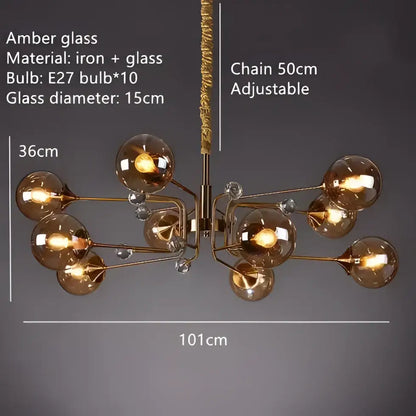 Vintage amber gold glass bubble chandelier with brass iron frame and crystal accents featuring ten e27 bulbs