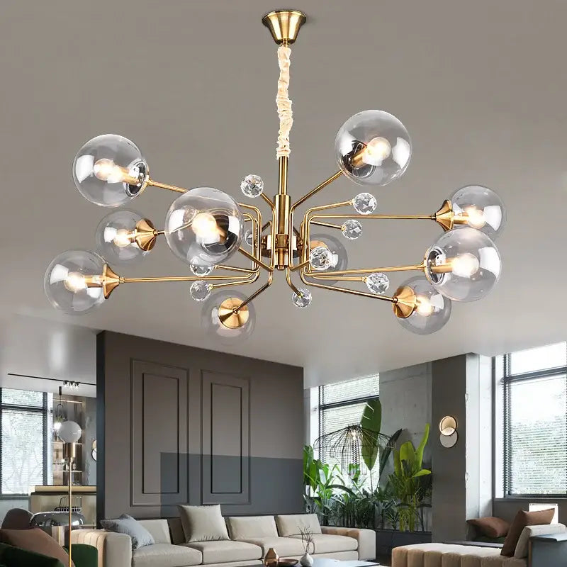 Vintage amber gold glass bubble chandelier with clear glass globe shades and crystal accents for kitchen island decorbites glass bubble