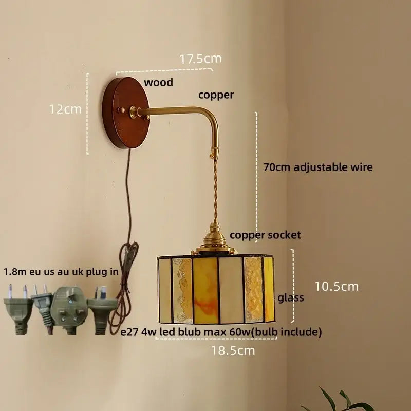 Vintage amber stained glass adjustable led wall lamp with wooden backplate copper arm for bedroom decorbites adjustable led wall lighting