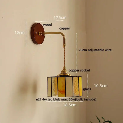 Vintage amber stained glass adjustable led wall lamp with wooden backplate and copper arm for bedroom decorbites adjustable led