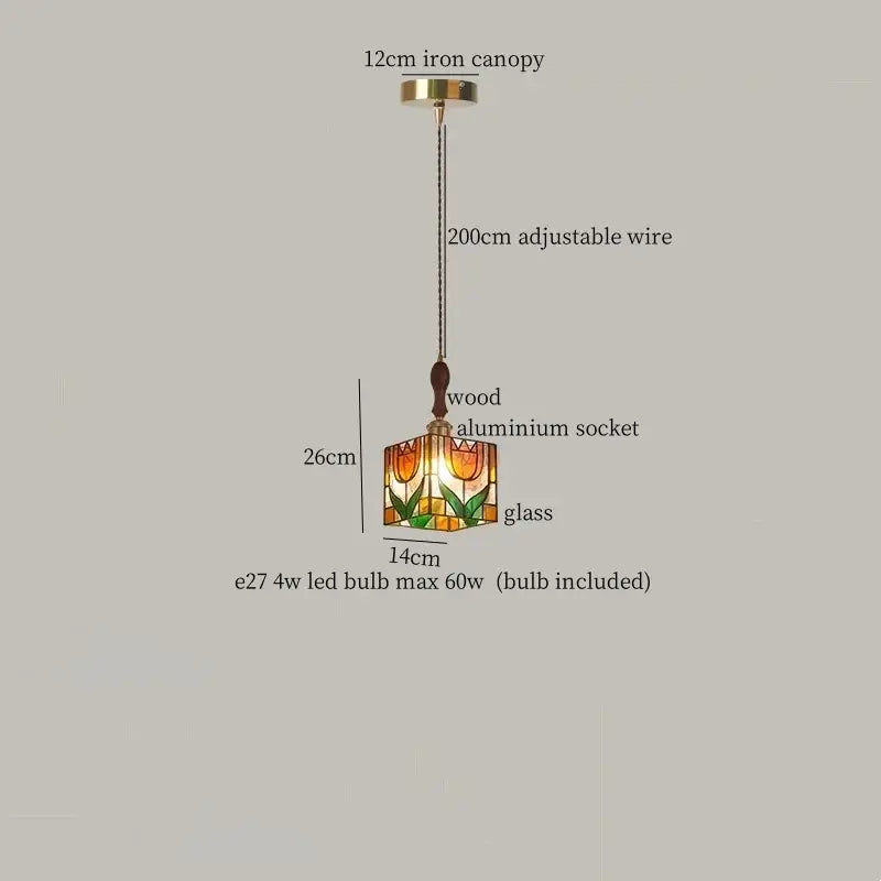 Vintage amber stained glass pendant light with tulip design, wooden aluminum socket, and iron canopy by decorbites colorful led