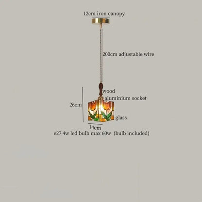 Vintage amber stained glass pendant light with tulip design, wooden aluminum socket, and iron canopy by decorbites colorful led