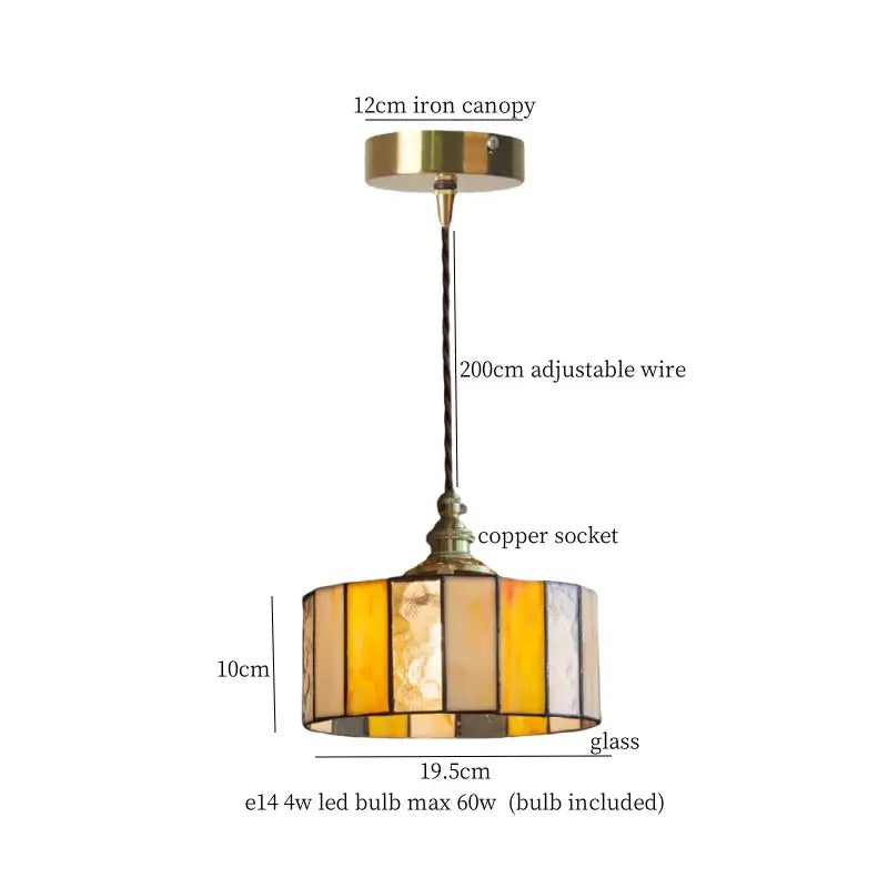 Vintage amber stained glass pendant light with brass iron canopy and copper socket for decorbites colorful led decor