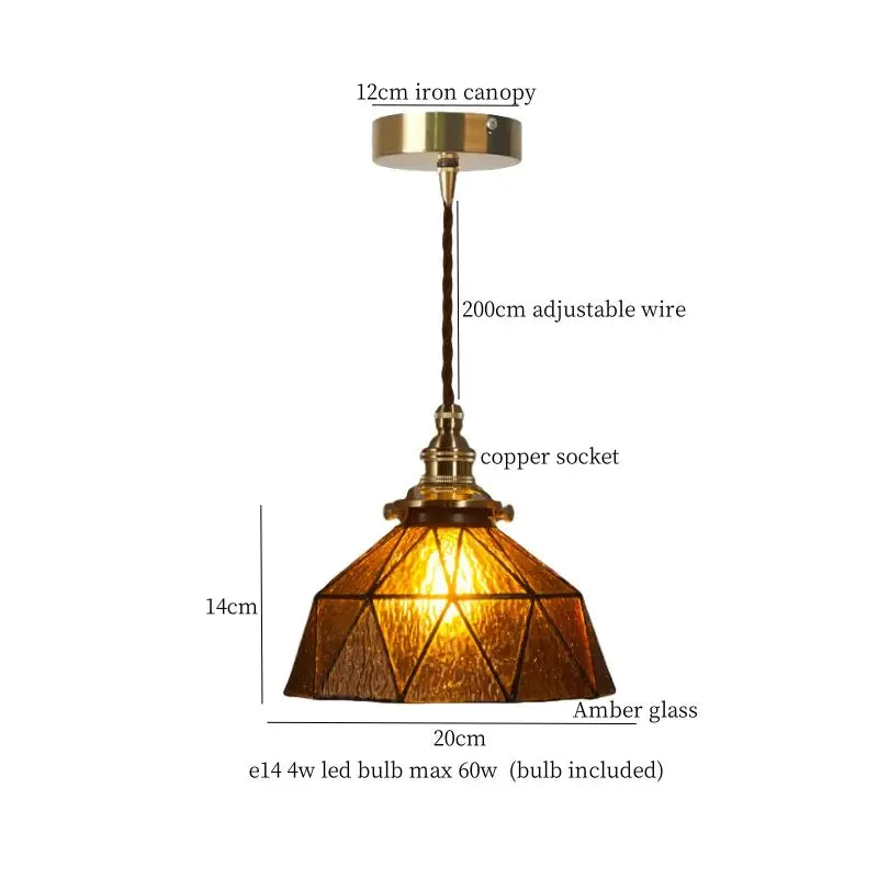 Vintage amber stained glass pendant light with brass iron canopy and copper wire suspension for colorful led decorbites
