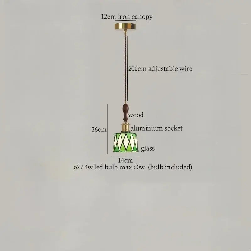 Green stained glass pendant light with wooden handle and brass accents by decorbites colorful led pendant