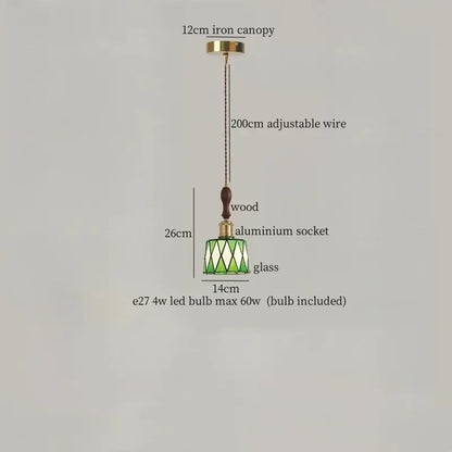 Green stained glass pendant light with wooden handle and brass accents by decorbites colorful led pendant