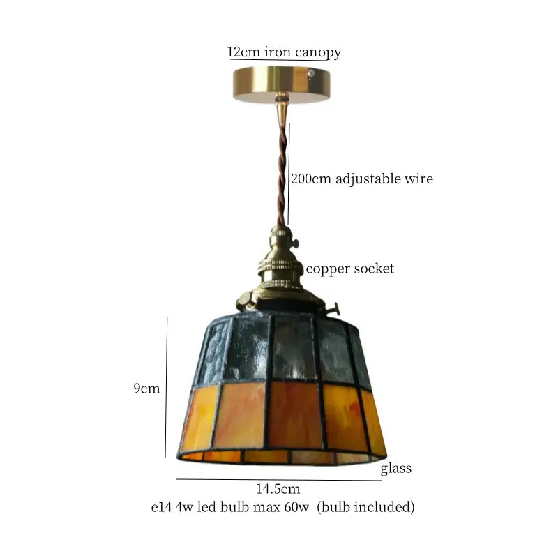 Vintage amber stained glass pendant light with brass iron canopy and copper socket for decorbites colorful led kitchen decor