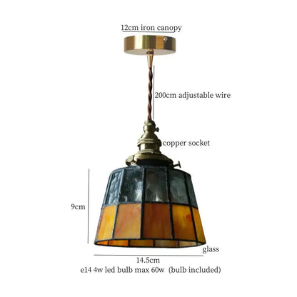 Vintage amber stained glass pendant light with brass iron canopy and copper socket for decorbites colorful led kitchen decor