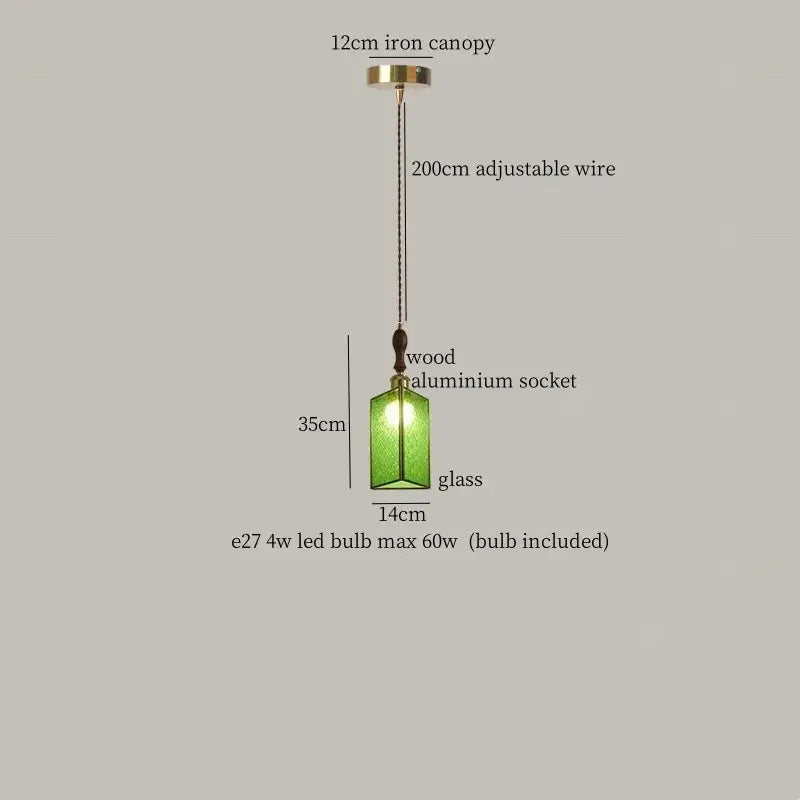 Green glass pendant light with wooden aluminum socket suspended by adjustable wire from brass iron canopy decorbites colorful led pendant