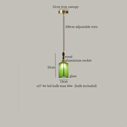 Green glass pendant light with wooden aluminum socket suspended by adjustable wire from brass iron canopy decorbites colorful led pendant