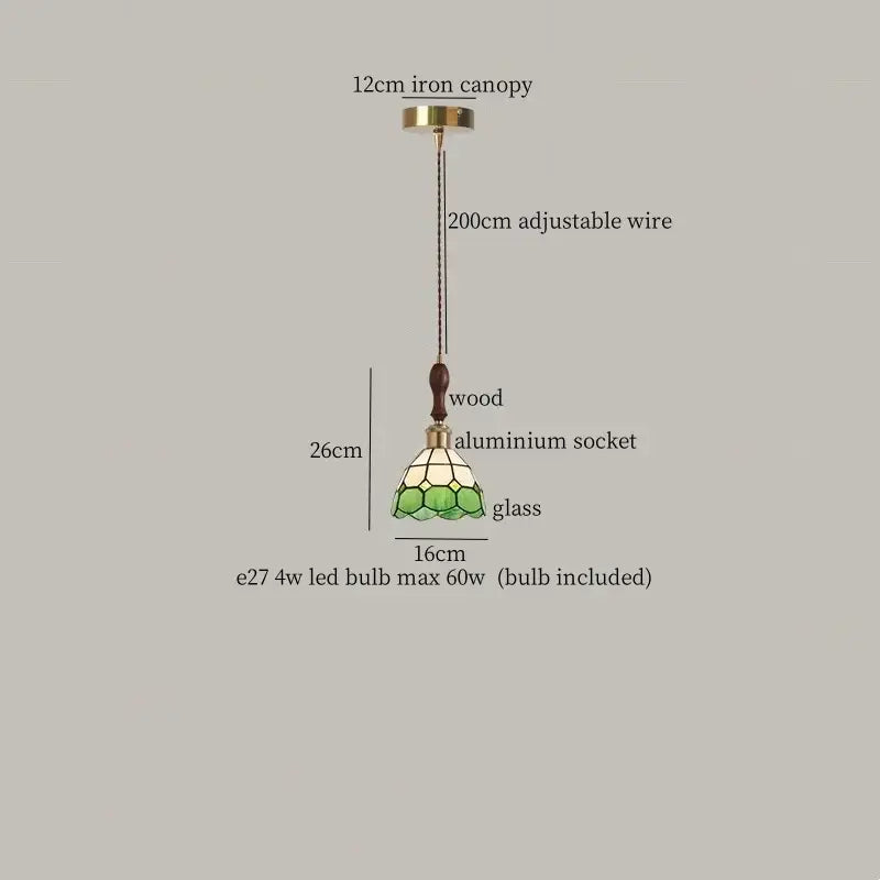 Green stained glass pendant light with wooden aluminum socket 12cm iron canopy and adjustable wire by decorbites colorful led