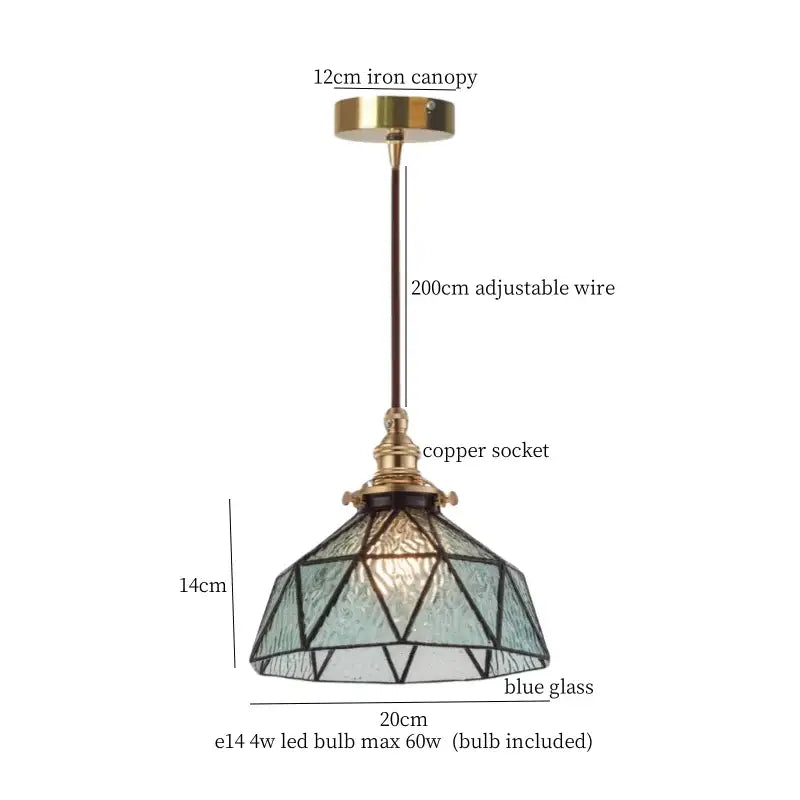 Vintage amber stained glass pendant light with brass iron canopy and blue geometric shade for decorbites colorful led decor