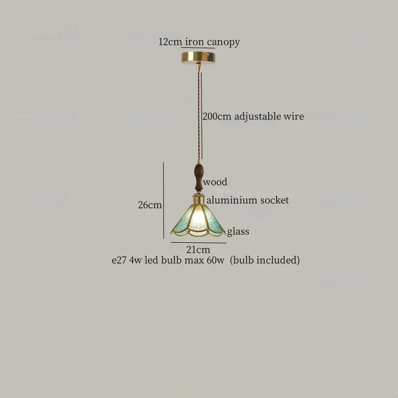 A tiffany-style pendant light with translucent green glass shade, brass canopy, wood and aluminum by decorbites colorful led