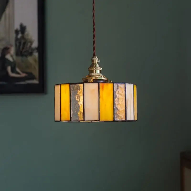 Vintage amber stained glass pendant light with rectangular shade and brass fixture for decorbites colorful led decor