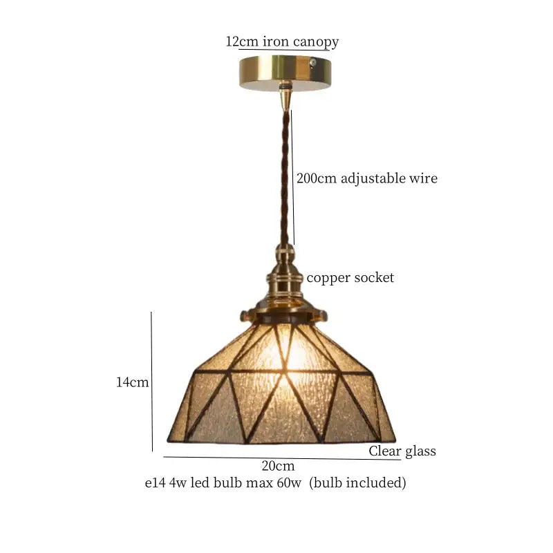 Antique brass-finished pendant light with geometric clear glass shade and copper socket for decorbites colorful led use