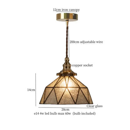 Antique brass-finished pendant light with geometric clear glass shade and copper socket for decorbites colorful led use