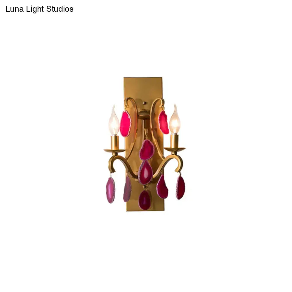Vintage antique gold wall lamp bedroom sconce with dark purple clear accents and dangling pink agate slices