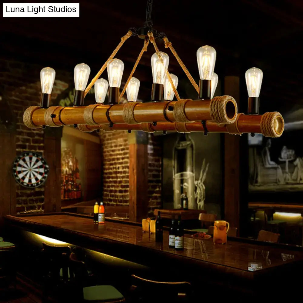Rustic bamboo chandelier with exposed edison bulbs and rope accents in beige for living room fixture width and height